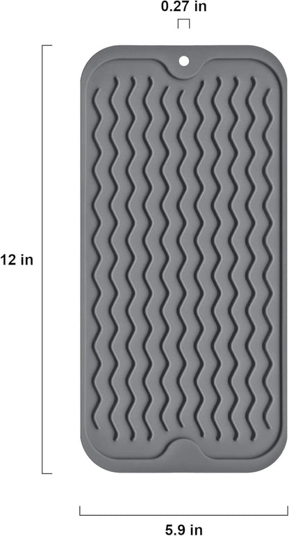Silicone Dish Drying Mat, Non-Slip Easy Clean Sink Mat Large Heat-resistant Dish Drainer Mat for Kitchen Counter, Sink, Refrigerator or Drawer liner (12" x 6", GREY)