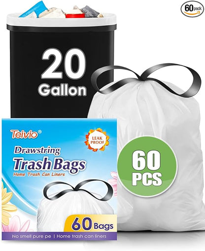 Teivio 20 Gallon 60 Counts (fit 18-20 Gal) Large Drawstring Trash Bags Strong Tall Kitchen Compactor Bags Garbage Bags for Home/Office/Light Residential Waste/Outdoor Trash Can, Lawn，Trash Bags White
