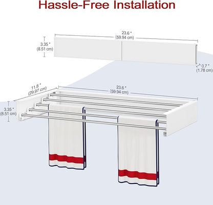 Wall Mounted Drying Rack 23.6", Foldable Laundry Drying Rack with Stainless Steel Rods, Retractable Laundry Space Saver for Indoor & Outdoor Use, Include Wall Template