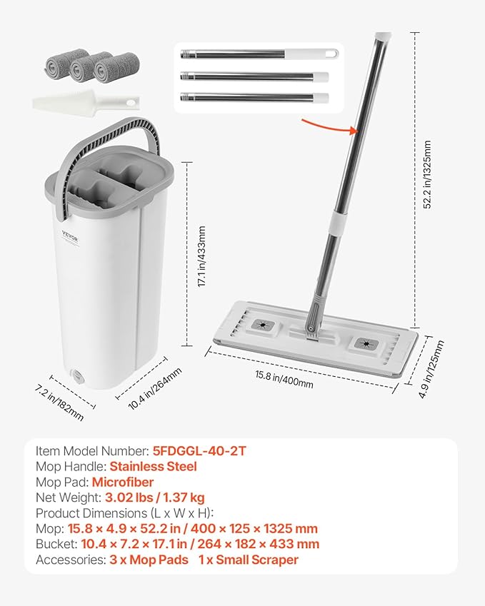 VEVOR Mop and Bucket with Wringer Set, Wet & Dry Use, Flat Mop and Bucket System with 3 Washable Microfiber Pads, Flat Mop with Stainless Steel Handle, Mop Bucket Set for Hardwood Tile Vinyl