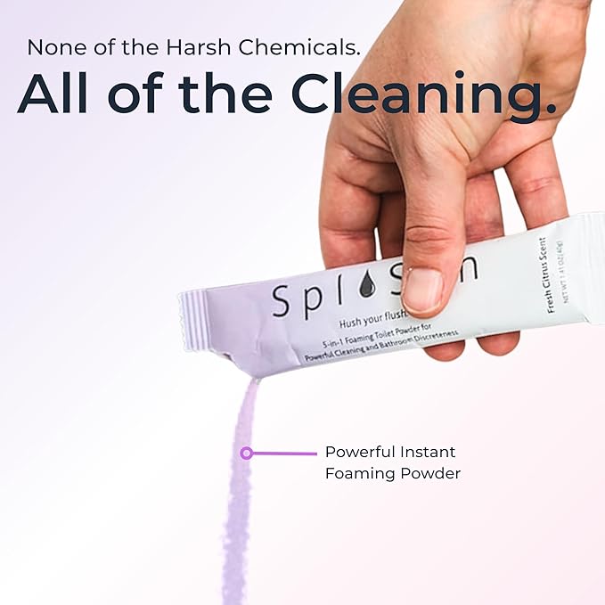 SplaShh 5 in 1 Foaming Toilet Bowl Cleaner, 30 Powder Packets, Fresh Citrus Scent, No Harsh Chemicals, Easy Clean, Replaces Sprays, Pods & Tablets, Stain & Odor Remover, Convenient Pouches