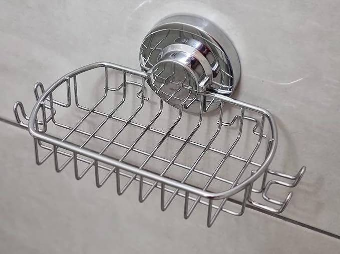 Soap Dish for Shower Suction Cup Powerful Vacuum System Rustproof 304 Stainless Steel Basket Sponges Holder with Razor Hooks for Bathroom or Kitchen Soap Holder (Silver)