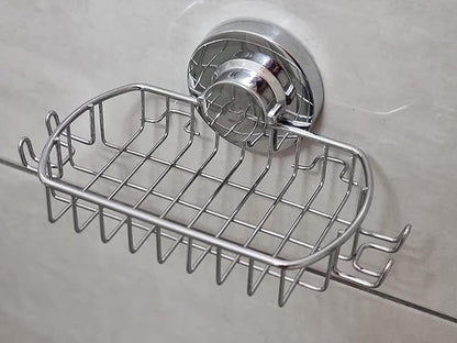 Soap Dish for Shower Suction Cup Powerful Vacuum System Rustproof 304 Stainless Steel Basket Sponges Holder with Razor Hooks for Bathroom or Kitchen Soap Holder (Silver)