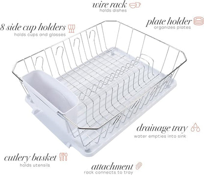 Kitchen Details 3 Piece Dish Rack | Drying Rack, Cutlery Basket & Drainboard Tray | Countertop | Self Draining | Open Wire Design | Chrome | White