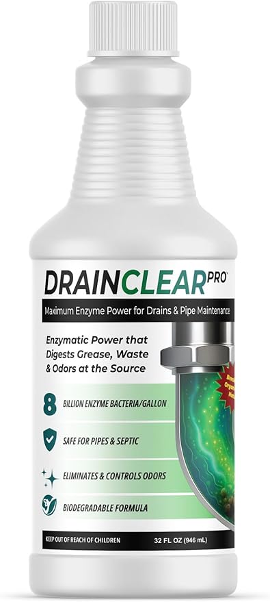DrainClear Pro Enzyme Drain Cleaner 32oz - Enzymatic Formula Digests Grease, Waste & Odors - Safe for Pipes and Septic Systems - Biodegradable Drain Treatment for Home & Commercial Use