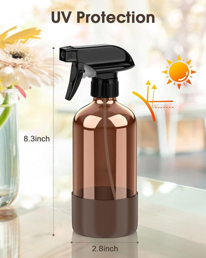 Bontip Glass Spray Bottle with Silicone Sleeve Protection, Amber Glass Spray Bottle Set for Window Cleaner Aromatherapy Facial Hydration Watering Flowers Hair Care 2 Pack/16 oz (Brown, 16 oz)