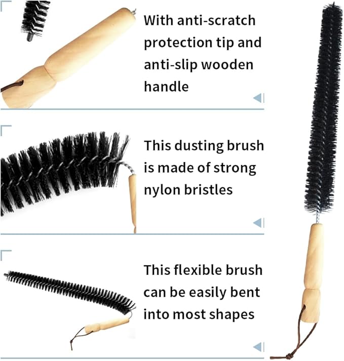 2pcs Radiator Brush, 40cm Long Reach Radiators Duster with Wooden Handle, Flexible Refrigerator Coil Brush Radiators Cleaner with Hanging Hook for Dryer Lint Vent Cleaning