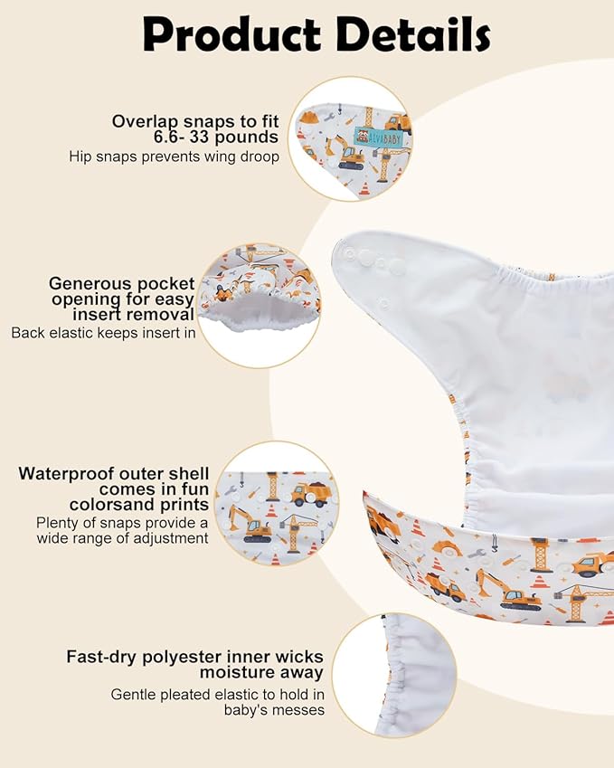 ALVABABY Baby Cloth Diapers 6 Pack with 12 Inserts Cloth Diaper Covers Adjustable Washable Reusable for Baby Girls and Boys