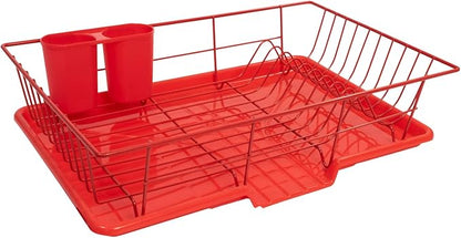 Sweet Home Collection 3 Piece Metal Dish Drainer Rack Set with Drying Board and Utensil Holder, 12" x 19" x 5", Red