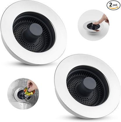 Hibbent 2 Pack 3 in 1 Kitchen Sink Drain Strainer, Stainless Steel Wrapped Shell Drain Stopper Combo, Pop Up Sink Stopper, Anti-Clogging Basket Strainer with Handle for US Standard 3-1/2" Drain