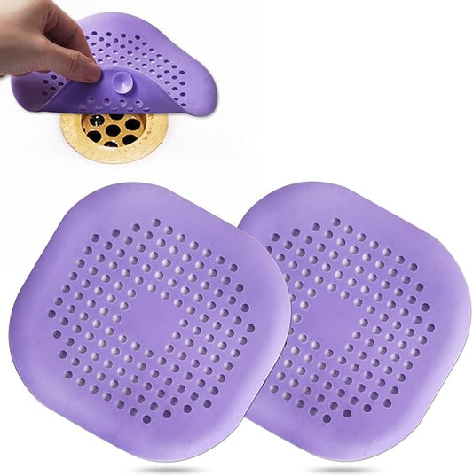Hair Drain Catcher,Square Drain Cover for Shower Silicone Hair Stopper with Suction Cup,Easy to Install Suit for Bathroom,Bathtub,Kitchen 2 Pack (Purple)