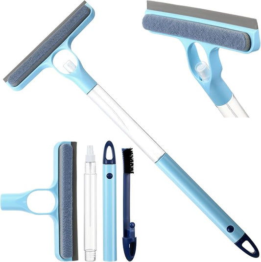 Lothee 1pcs 3 in 1 Window Squeegee, 23'' Long Handle Window Cleaning Scraper, Squeegee and Scrubber with Spray for Walls, Car Windshields, Bathrooms, Kitchens (Bule)