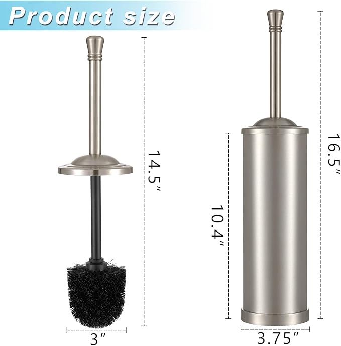 Brushed Nickel Toilet Brush and Holder Set,304 Stainless Steel Toilet Bowl Brush and Holder for Bathroom,Silver Heavy Duty Toilet Brush,Durable Scrubbing Bristles,Splash Resistant,Long Handle