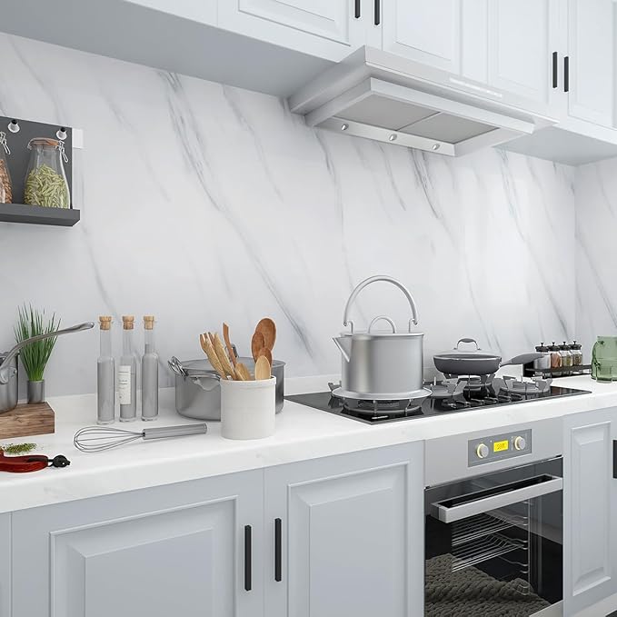JSEVEM 16"×197" Thick White and Grey Marble Wallpaper Peel Stick Waterproof White Gray Marble Contact Paper Vinyl Glossy Self Adhesive Granite Tile Stickers for Kitchen Cabinets Bathroom Countertops