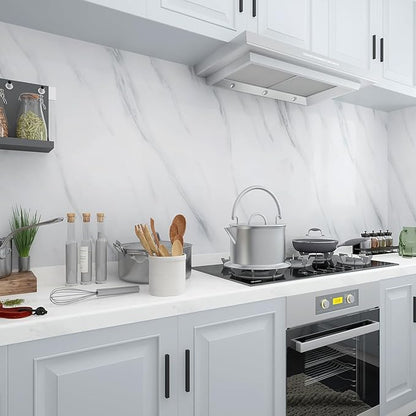 JSEVEM 16"×197" Thick White and Grey Marble Wallpaper Peel Stick Waterproof White Gray Marble Contact Paper Vinyl Glossy Self Adhesive Granite Tile Stickers for Kitchen Cabinets Bathroom Countertops