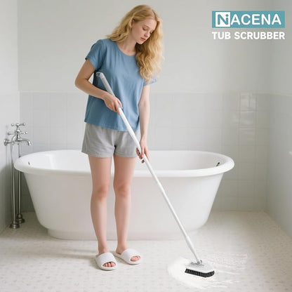nacena Shower Scrubber with Long Handle, 3 in 1 Tile Tub Scrubber Brush with 3 Detachable Cleaning Heads Adjustable Handle Shower Cleaner Brush for Bathroom, Kitchen, Toilet, Wall, Sink, Grey White