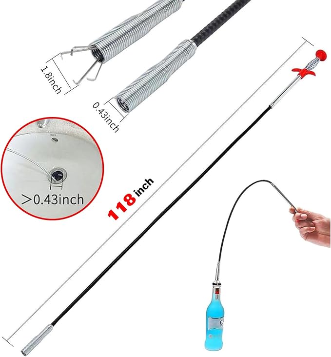 118" Flexible Grabber Claw Pick Up Reacher Tool, Drain Snake Hair Drain Clog Remover Tool with 4 Claws Bendable Hose for Litter Pick, Home and Kitchen Sink, Drains, Toilet