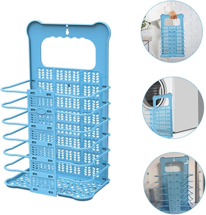 Collapsible Wall Mount Laundry Basket with Hollow Design Plastic Storage Organizer for Clothes and Blankets Space Saving Folding Hamper for Home and Dorm Use Blue Small