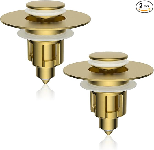 Universal Metal Bathroom Sink Stopper, Upgraded Stainless Steel Sink Drain Strainer for 1.1''~2.36" Basin Pop Up Drain Strainer, Anti-Clogging Filter Basket, Brushed Gold-2 Pack