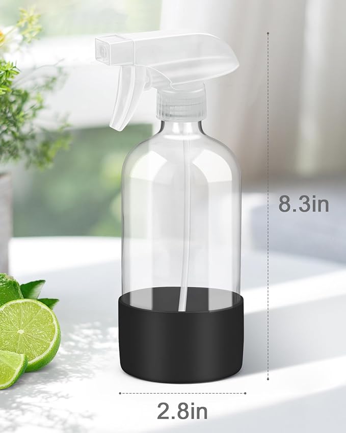 Rionisor Glass Spray Bottles with Silicone Sleeve Protection, Empty 16OZ Reusable Spray Bottles, Refillable Containers with Spray Nozzles for Cleaning Solutions, Plants and Essential Oils 1 Pack Black