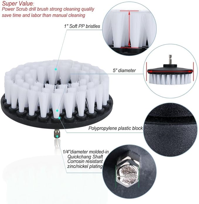 Drill Brush Soft Medium Stiff Bristle Powered Scrub Attachments Cleaning Kit for Bathroom Shower Grout Carpet Tires Boats Ceramic Marble Wheels Glass Carpets Upholstery (2''+3''+4''+5''+5'')