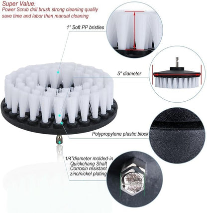 Drill Brush Soft Medium Stiff Bristle Powered Scrub Attachments Cleaning Kit for Bathroom Shower Grout Carpet Tires Boats Ceramic Marble Wheels Glass Carpets Upholstery (2''+3''+4''+5''+5'')