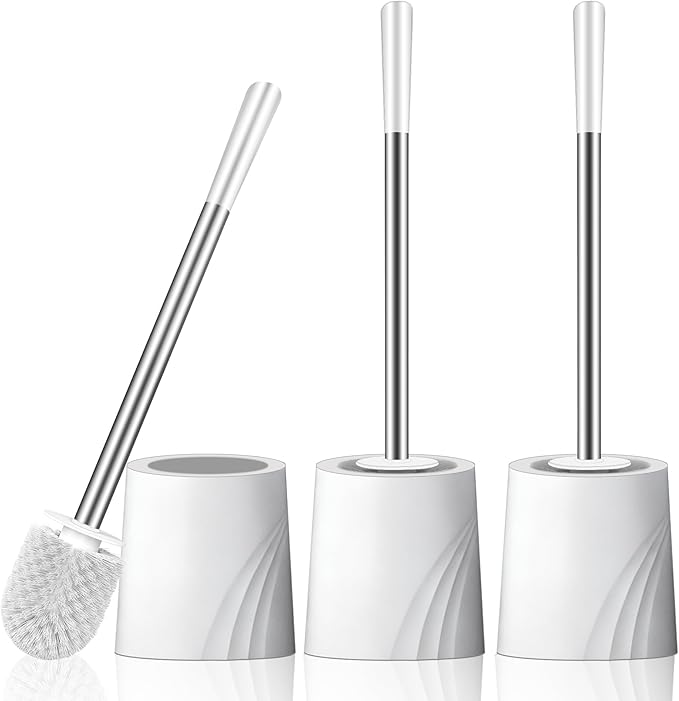 Toilet Brush and Holder Set, 3 Pack Toilet Cleaner Brush, Stainless Steel Toilet Brush with Long Handle for Deep Cleaning Bathroom Accessories White