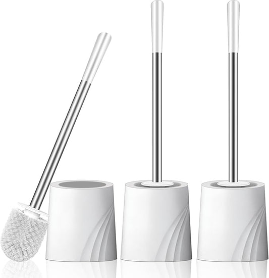 Toilet Brush and Holder Set, 3 Pack Toilet Cleaner Brush, Stainless Steel Toilet Brush with Long Handle for Deep Cleaning Bathroom Accessories White