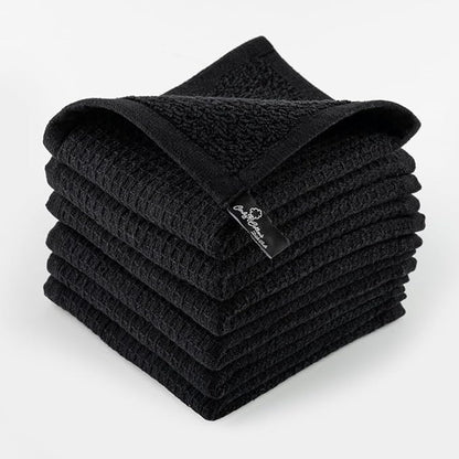 Kitchen Cleaning Dish Wash Cloths Waffle Terry Design Kitchen DishCloths|Washable 12x12 Cotton Dish Rags for Drying Dishes|Counter Top Barista Dust Wipes|Spring Easter Basket Decor| 6 Pc Set-Black