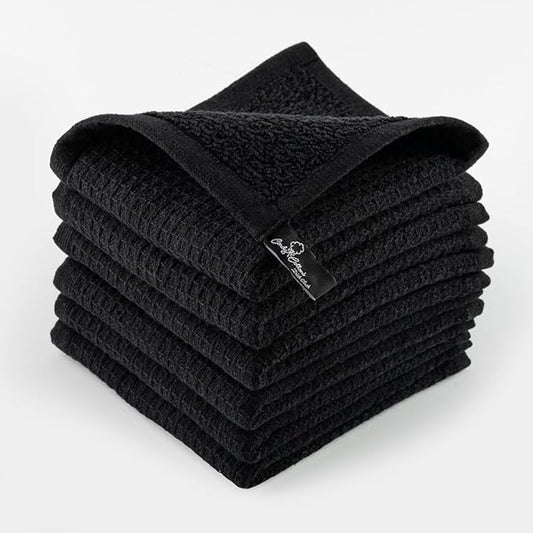 Kitchen Cleaning Dish Wash Cloths Waffle Terry Design Kitchen DishCloths|Washable 12x12 Cotton Dish Rags for Drying Dishes|Counter Top Barista Dust Wipes|Spring Easter Basket Decor| 6 Pc Set-Black