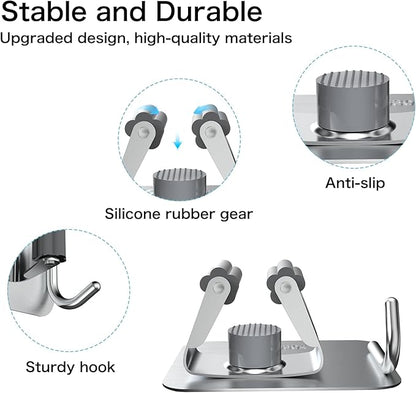 nacena 4 Pack No Drill Self Adhesive Broom Mop Holder Wall Mount with Hooks, Heavy Duty Stainless Steel Organizer for Kitchen Bathroom Garage Storage,Silver