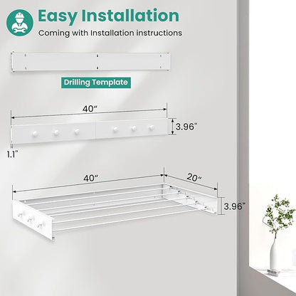 Upgrade 6 Knob Hooks Laundry Drying Rack Clothing, Wall Mounted Clothes Drying Rack 40" Wide, Large Foldable Collapsible Laundry Racks for Drying Clothes with Wall Template, 5 Aluminum Rods