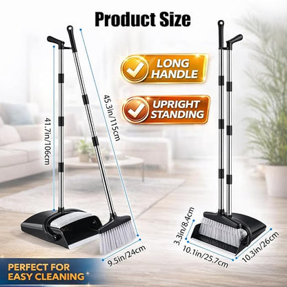 Broom and Dustpan Set with Long Handle and 6 Bonus Cleaning Tools, Upright Standing Combo with Self-Cleaning Teeth & Windproof Dustpan for Pet Hair, Home, Kitchen, Garage, Apartment