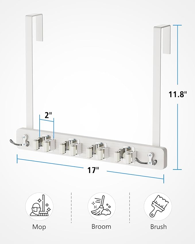 BS-VOG Over the Door Broom Holder, Mop and Broom Holder Door Mount, Hanging Organizer with 4 Racks & 2 Hooks, Wooden Hanger Storage Decor, Laundry Tool Organizer for Closet Garage, No Drills