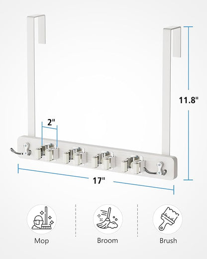BS-VOG Over the Door Broom Holder, Mop and Broom Holder Door Mount, Hanging Organizer with 4 Racks & 2 Hooks, Wooden Hanger Storage Decor, Laundry Tool Organizer for Closet Garage, No Drills