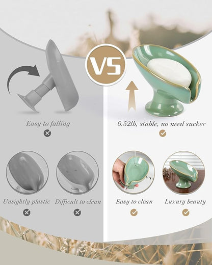 Soap Dish, Self Draining Bar Soap Holder for Bathroom Sink, Leaf Shaped Drainage Ceramic Mint Green Porcelain Decorative Soap Dish, No Suction Cup, ANTIS'S HOME