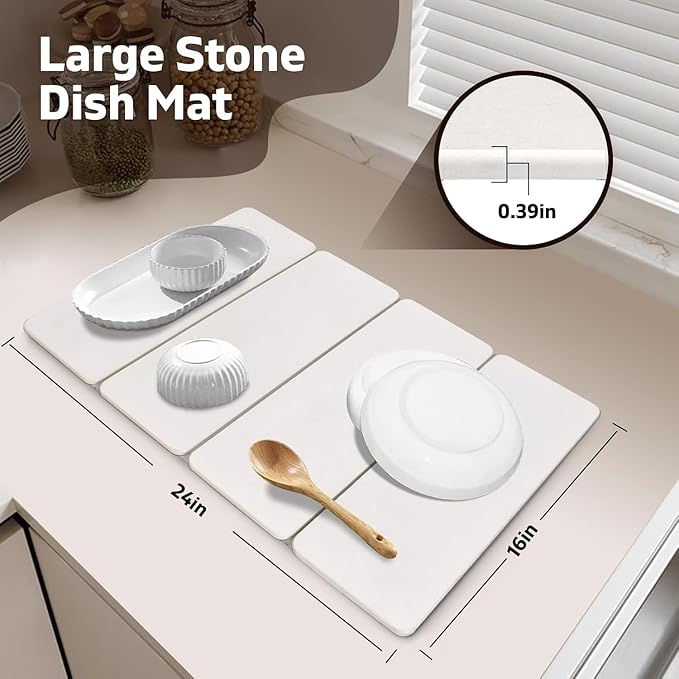 Large Stone Dish Drying Mat for kitchen Counter, 24"(L)x16"(w) Dish Drying Mat, Fast Water-Absorbing,Diatomaceous Earth Non-Slip Stone Mat, Multi-Purpose Foldable Dish Drying Stone Mat