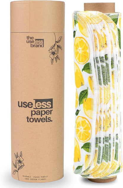 The Useless Brand Reusable Paper Towels Roll | 12 Eco Friendly Washable Cotton Flannel Towels w/Cardboard Roll | Zero Waste & Sustainable | Fits on Most Holders (Lemons, 12 Pack)