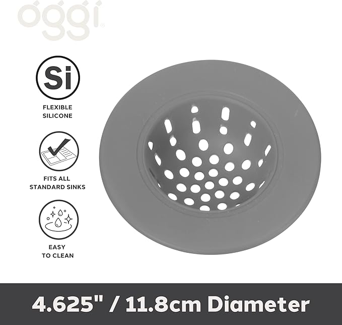 OGGI Silicone Sink Strainer- Great Kitchen Sink Strainer, Sink Drain Strainer, Drain Stopper, Sink Plug, 4.6˝ Diameter Rim, Gray