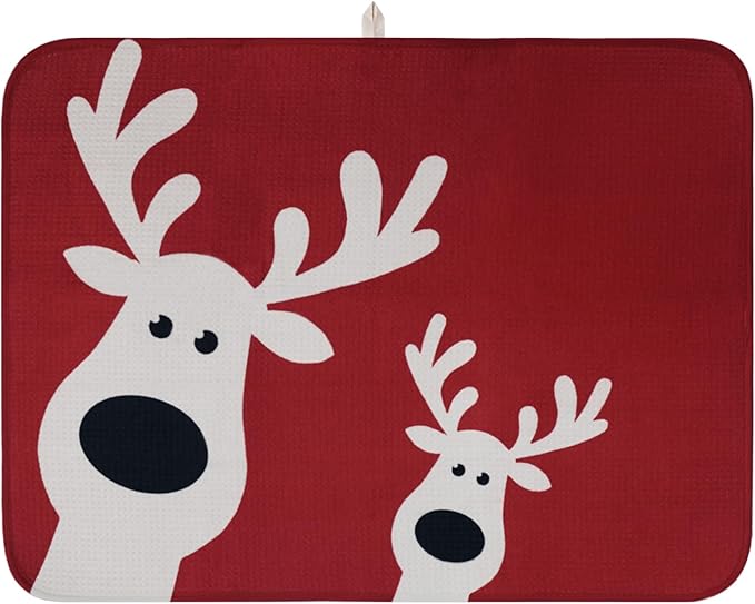 Christmas Dish Drying Mat, Ultra Absorbent Microfiber Dish Drainer Mat Christmas Reindeer Drying Mats for Kitchen Counter, Coffee Maker, Tableware Decor, 18 x 24 Inch