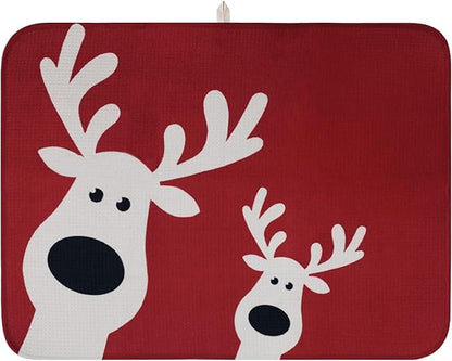 Christmas Dish Drying Mat, Ultra Absorbent Microfiber Dish Drainer Mat Christmas Reindeer Drying Mats for Kitchen Counter, Coffee Maker, Tableware Decor, 18 x 24 Inch