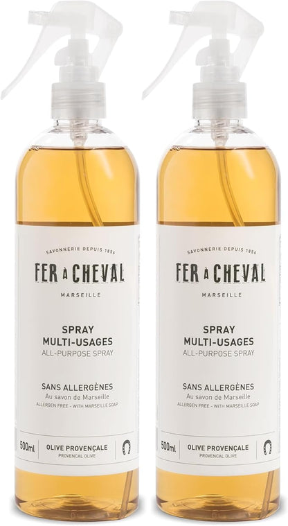 Fer à Cheval Versatile Marseille All-Purpose Spray Cleaner - Natural Provençal Olive Scent, Allergen-Free, 99% Natural Ingredients, 500 ml/16.9 fl oz (2-Pack)