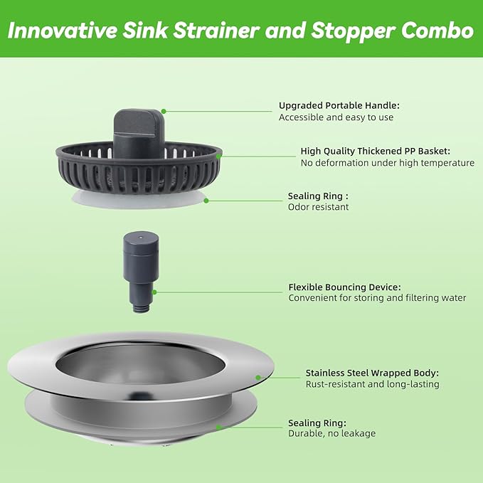 Universal Sink Stopper Strainer Combo, Stainless Steel Drain Stopper Kitchen Sink for US Standard 3-1/2 Inch Kitchen Sink Drain, Mesh Strainer for Food Garbage Disposal, Brushed Nickel