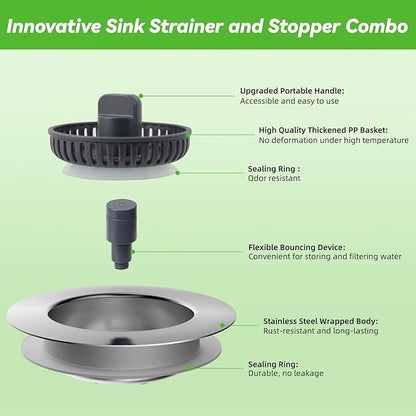 Universal Sink Stopper Strainer Combo, Stainless Steel Drain Stopper Kitchen Sink for US Standard 3-1/2 Inch Kitchen Sink Drain, Mesh Strainer for Food Garbage Disposal, Brushed Nickel