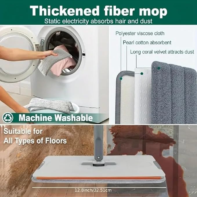 Mop and Bucket Set with Wringer with 2 Microfiber Pads, 360° Rotatable Flat Mops for Floor and Windows Cleaning, Cleaner with 60'' Long Handle, Hands Free Hardwood Floor Mop, Wet and Dry Use Orange
