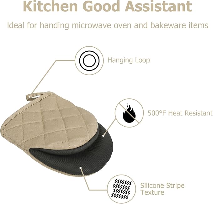 Short Oven Mitts, Heat Resistant 500°F, Silicone Grip Kitchen Gloves, Non-Slip for Baking, Grilling, BBQ, Machine Washable with Hanging Loop, 2-Pack Set, Light Brown