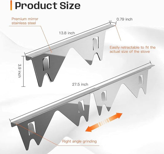Stainless Steel Stove Gap Covers,Stove Gap Filler, Range Trim Kit, Stove Gap Guards, Heat Resistant and Easy to Clean, Easy retractable Length 13.8" to 27.5", Width 0.79",Silver(2PCS)