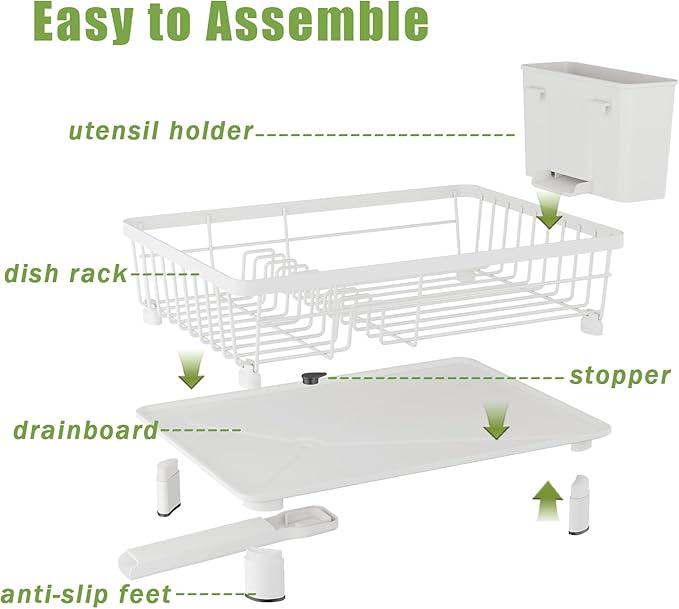 Dish Drainer Rack with Drip Tray, Sink Dish Drainer with Drainage Spout, Stainless Steel Dish Drying Rack with Cups, Utensil & Cutting Board Holders for Kitchen Counter Space-Saving, White