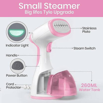Steamer for Clothes 1500W，30S Fast Heat Plancha a Vapor Para Ropa, 260ML Water Tank Clothing Garment Fabric Iron Travel Steamer Handheld Portable for Wrinkles