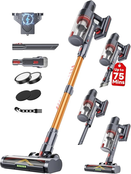 Cordless Vacuum Cleaner, 75Mins/55KPa/650W Self-Standing Stick Vacuum Cleaners for Home, Rechargeable, Lightweight, Anti-Static&Anti-Tangle Brush, for Hard Floor, Carpet, Hardwoods, Pet Hair